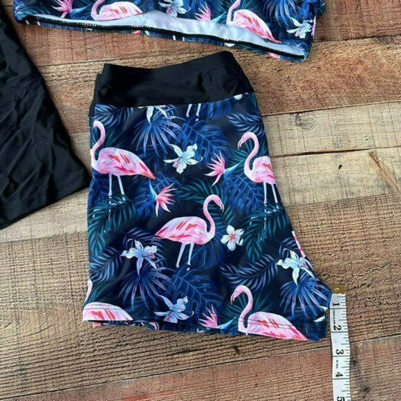 Yonique Black and blue flamingo print 3 piece swim suit top shorts bra L - Picture 6 of 9
